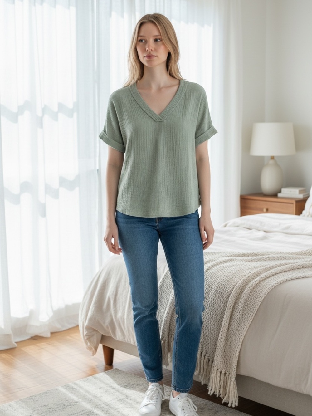 Lovely Melody V-Neck Short Sleeve Top in Sage